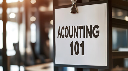 Image of a sign displaying "Accounting 101". Basic accounting concept.