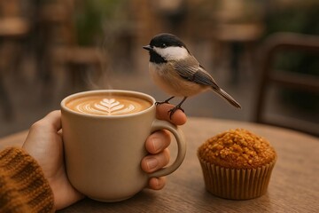A tiny delicate chickadee bird perched on the fingertip of someone holding a hot mug.