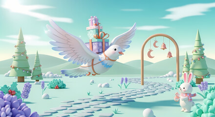 Fototapeta premium Whimsical fantasy scene with a large bird carrying a castle flying over a pastel landscape with whimsical trees and a bunny