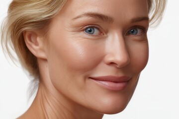 Obraz premium A close-up portrait of an elegant woman with bright blue eyes and a gentle smile, showcasing natural beauty and serenity.