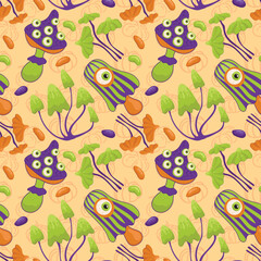 A festive pattern with mushrooms. Green fungi with eyes, strips and candy. Happy Halloween! Hand-drawn vector background for banners, packaging and wrapping paper.