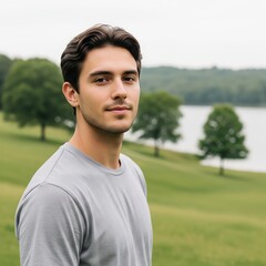 Young Man Standing in Scenic Park with Lake and Trees Under Overcast Sky