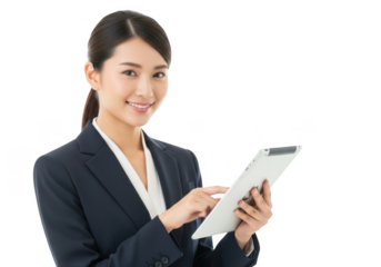 Smiling asian businesswoman holding a tablet isolated on transparent background