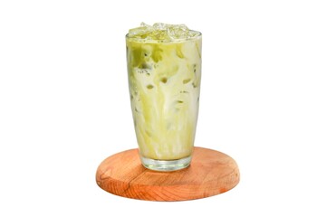 Ice matcha green tea put on wooden plates serving with match powder topping by white background and isolate concept.