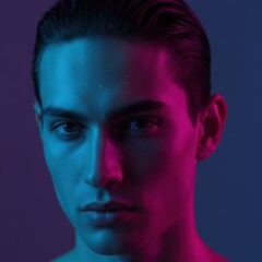 Moody Neon Portrait of Man with Split Color Lighting and Water Droplets on Face