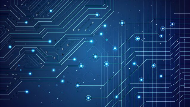 Abstract blue digital circuit board with glowing connections and data flow