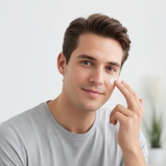 Skincare Routine Concept with Man Applying Cream to Cheek in Minimalist Indoor Setting