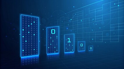 Abstract digital data streams and glowing blue server racks in a dark environment