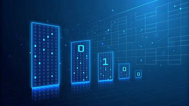 Abstract digital data streams and glowing blue server racks in a dark environment