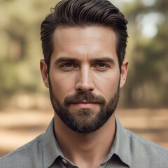Outdoor Portrait of Bearded Man in Gray Shirt with Natural Forest Background and Soft Light