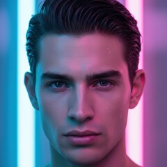 Close Up Portrait of Man with Neon Blue and Pink Lighting and Dewy Skin Texture