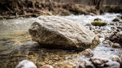 pebble. Large river stone lodged in a fast-flowing stream with water parting around it. travel magazines, destination branding, designed for outdoor magazines and nature guides.