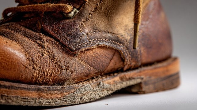 heel. Close-up of a worn leather hiking boot heel showing inner material and texture. lifestyle magazines, social media lookbooks, designed for lifestyle magazines and social media content.