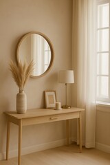 Elegant entryway console table featuring a round mirror, vase with dried pampas grass, and a small lamp, creating a warm and inviting ambiance
