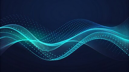 Abstract flowing wave of glowing blue and green particles on dark background