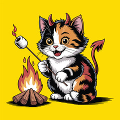 Cute Devil Cat Roasting Marshmallow – Calico Halloween Campfire