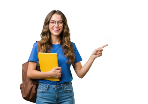 Young woman student holding book and backpack pointing isolated on transparent background