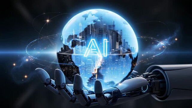 Robotic hand holding a glowing orb with ai and city skyline - Powered by Adobe