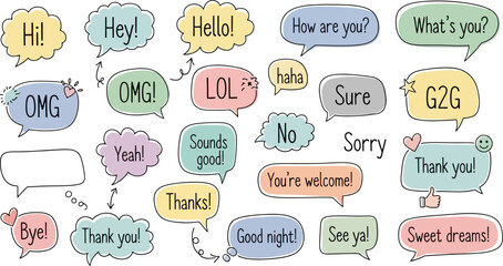 A collection of colorful hand-drawn speech bubbles with common chat messages and internet slang.