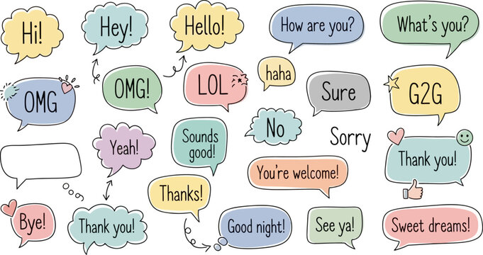 A collection of colorful hand-drawn speech bubbles with common chat messages and internet slang.