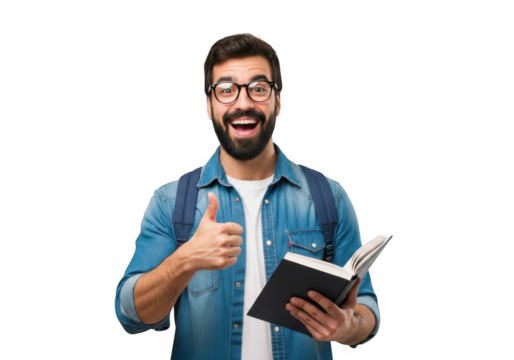 Happy man with book and backpack giving thumbs up isolated on transparent background - Powered by Adobe