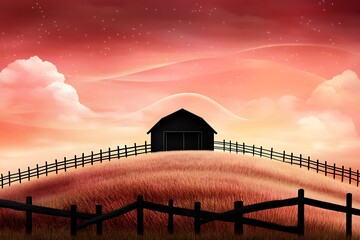 Sunset over a tranquil farmhouse serene hills digital illustration rural landscape wide angle peaceful imagery