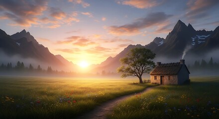 Serene Mountain Sunrise Over a Rustic Cabin and Meadow.