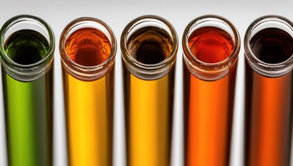 Five test tubes filled with various colored liquids, showcasing a range of hues and a scientific laboratory setting.