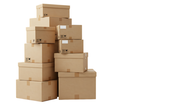 Large stack of various sized cardboard shipping and moving boxes, ready for delivery or storage, isolated on a white background