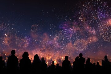 Fototapeta premium Crowd of Silhouetted People Watching a Fireworks Display for New Years or Fourth of July Celebration, Horizontal. MZ 