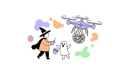 Witch operates drone delivering candy to ghost for modern Halloween celebration