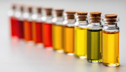 Small glass bottles with colorful liquids in a spectrum of hues, arranged in a straight line.