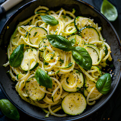Zucchini and Basil Pasta in Dark Ceramic Bowl with a  Rustic Background