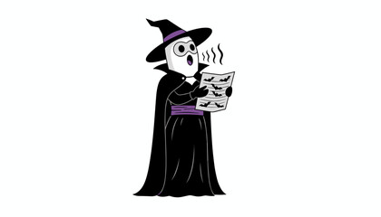 Cartoon witchwizard chanting spells from a batfilled scroll Perfect for Halloween magic