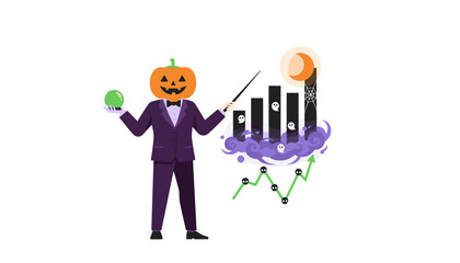 Pumpkinheaded executive predicting spooky business trends and future Halloween market growth