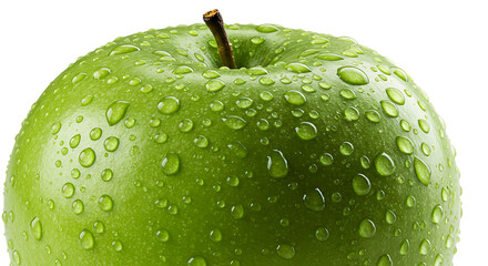 Macro Close-up of a Fresh Green Apple Covered in Water Droplets on a White Background