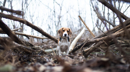 Beagle dog standing alert among fallen branches and dry leaves in a quiet woodland.