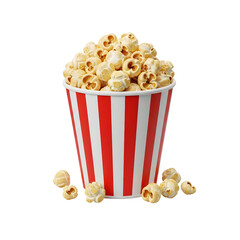Red and white striped bucket overflowing with popcorn and scattered kernels on black background