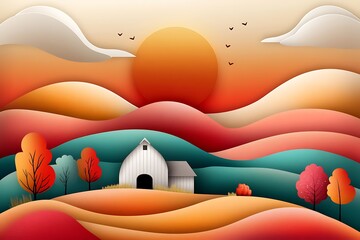 Sunset over rolling hills farm landscape digital art serene environment aerial view tranquility concept