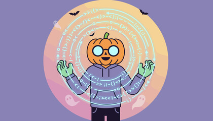 Pumpkinheaded coder in a hoodie casting digital spells for Halloween surrounded by bats and ghosts