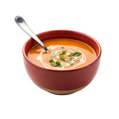 Red Bowl of Tomato Soup with Cream Swirl and Basil Garnish red soup creamy