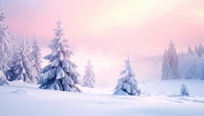 Fototapeta premium Snowy Forest Landscape at Sunrise with Soft Pink and Yellow Hues Over Evergreen Trees and Gently Falling Snowflakes