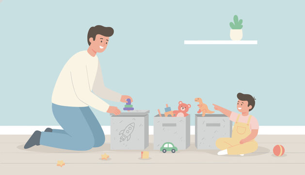 Happy father and son tidying up toys together in a bright playroom promoting family bonding and organization