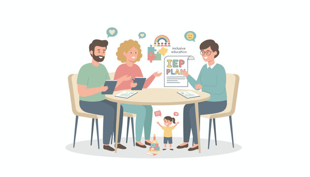 Parents and educator discuss an Individualized Education Program IEP for a child highlighting inclusive education