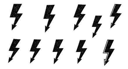 A collection of hand-drawn black lightning bolt symbols with a textured appearance, arranged on a white background.