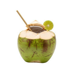 Refreshing Green Coconut Drink with Lime Slice and Straw on Black beverage