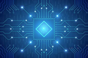 Abstract glowing blue circuit board with central processor chip