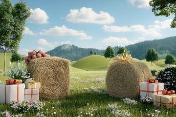 Summer celebration with gifts and flowers in a serene green landscape sunny day nature scene