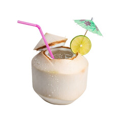 Refreshing Young Coconut Drink with Lime Slice and Pink Straw Keywords: coconut, drink, beverage, tropical, refreshing, summer