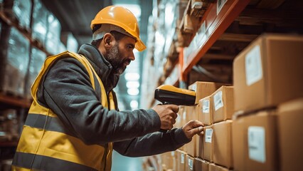 A focused male worker in a safety helmet and vest uses a handheld scanner to verify product barcodes. This efficient logistics process ensures inventory accuracy and supports modern distribution.